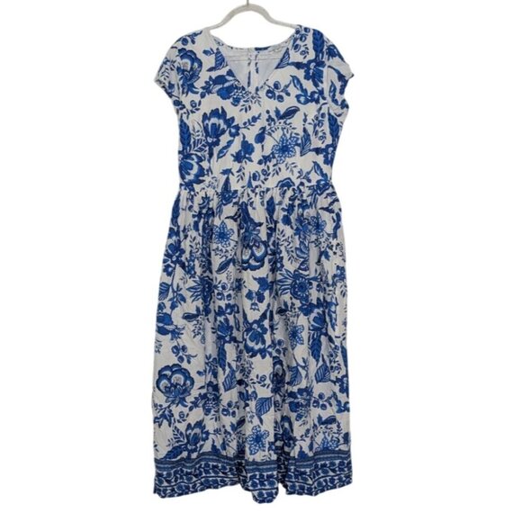 VENUS Dresses & Skirts - Venus Lascana Floral Midi Dress Womens Size Large White Blue Short Sleeve V Neck